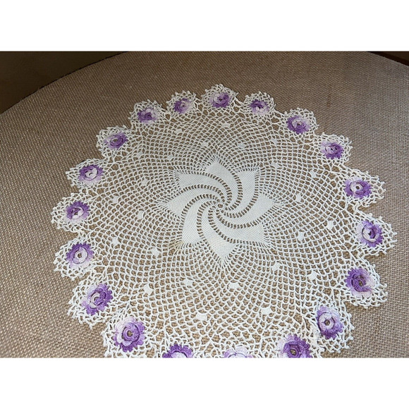 Vintage Large 13 inch Hand Crocheted Doily with Flowers - Picture 5 of 7